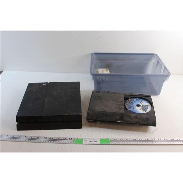 Sony PlayStation (PS) PS4 & PS3 Gaming Consoles - As Is and a Small Plastic Tote 16'' x 6''