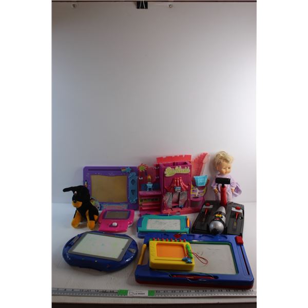 Assorted Kids Toys - Etch A Sketch, Doll, PollyWorld Playhouse and Misc.