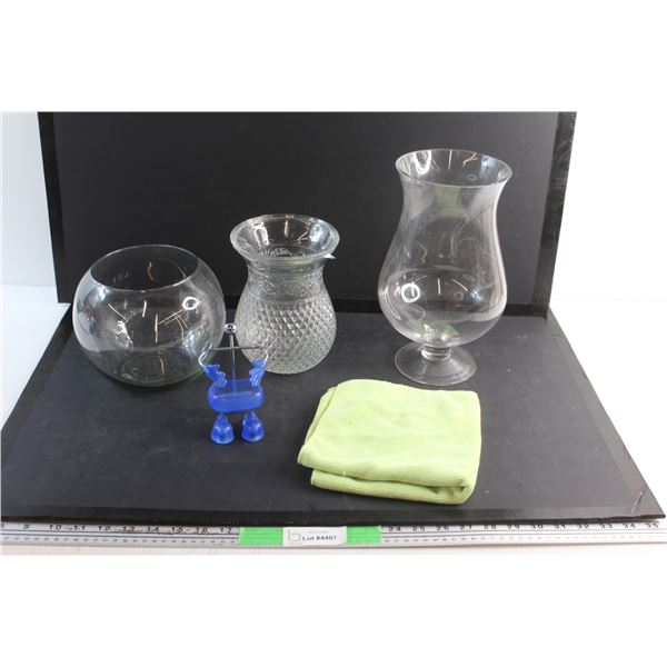 Fibre Cloth, (3) Glass Vases and a Bathroom Accessory