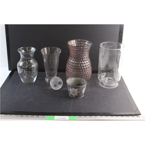 (4) Glass Vases, Glass Globe and a Planter Bucket