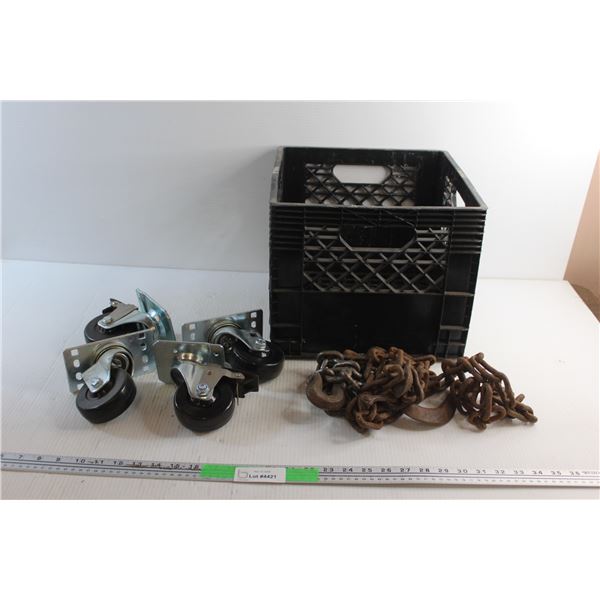 Chain with Hooks, (4) Caster Cart Wheels and a Plastic Crate