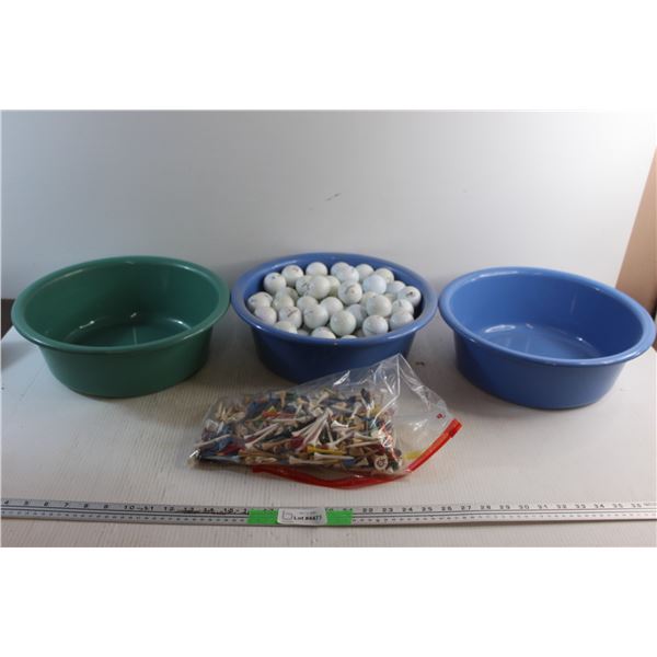Golf Balls, (3) Plastic Bowls 14'' and Golf Tees