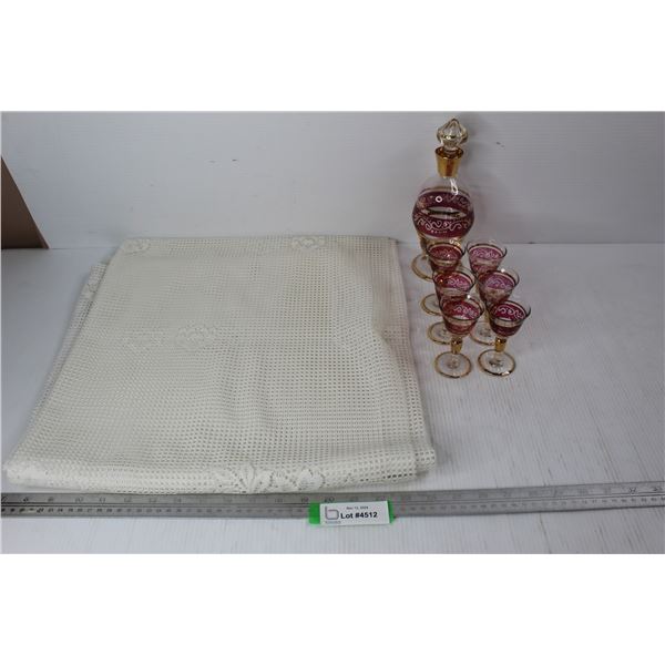 Unmarked Glass Decanter w/ (6) Small Glasses, Table Cloth- 69.5'' x 68''