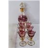 Image 2 : Unmarked Glass Decanter w/ (6) Small Glasses, Table Cloth- 69.5'' x 68''