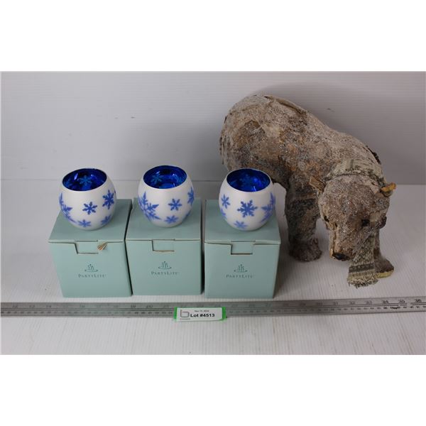 (3) Party Lite Candle Holders w/ Bear Decoration Piece