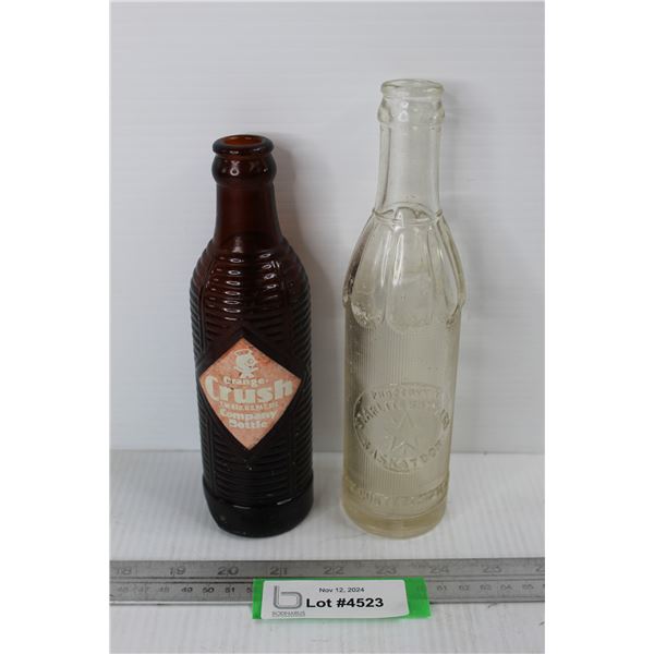 (2) Vintage Pop Bottles- Starlite Bottling Saskatoon, Orange Crush Brown Crinkle Bottle- Large Chip
