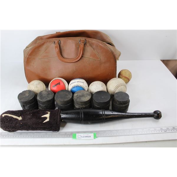 Vintage Leather Duffel Bag, (6) Baseball, Wooden Juggling Club/ Baton, Misc.