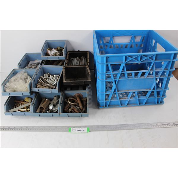 Milk Crate w/ (16) Plastic Stacking Trays w/ Contents, Various Bolts, Bushings, Misc.