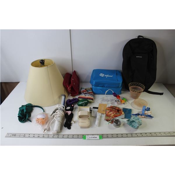 Riva Curling Iron (Working), Pfizer Insulated Lunch Bag, M Multi USB, Lamp Shade, Assorted Ear Rings
