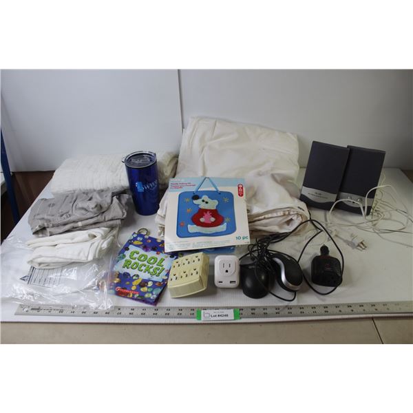 Drape 5.5' Wide x 6' Length, Pillow Sham 30" x 30", (3) Bed Pillow Cases, SWA Travel Mug (Unused), N