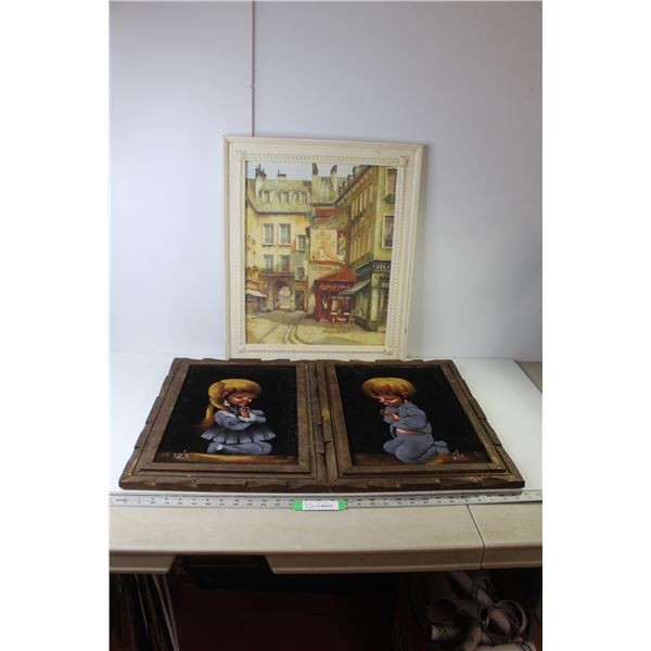 (2) Framed Velvet Art "Praying Children" 21.5" x 15.5" Each, Framed Art "Paris" 20" x 24"