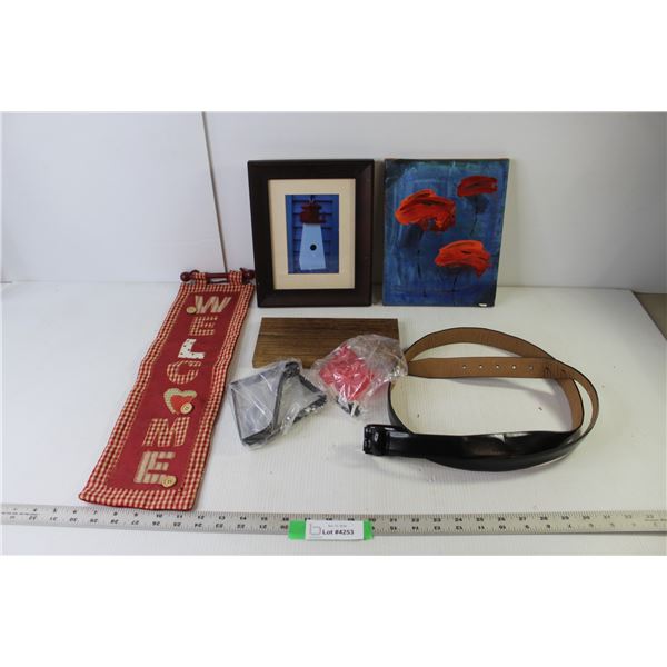 Belt 60" Length, Floating Shelf With Hardware 9.25" x 4.5", Framed Picture 8" x 10", Canvas Painting