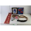 Image 1 : Belt 60" Length, Floating Shelf With Hardware 9.25" x 4.5", Framed Picture 8" x 10", Canvas Painting