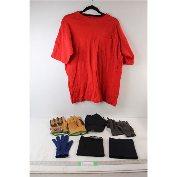 Mittens, Work gloves, Hat, (2) Neck Warmers, Red XL T Shirt