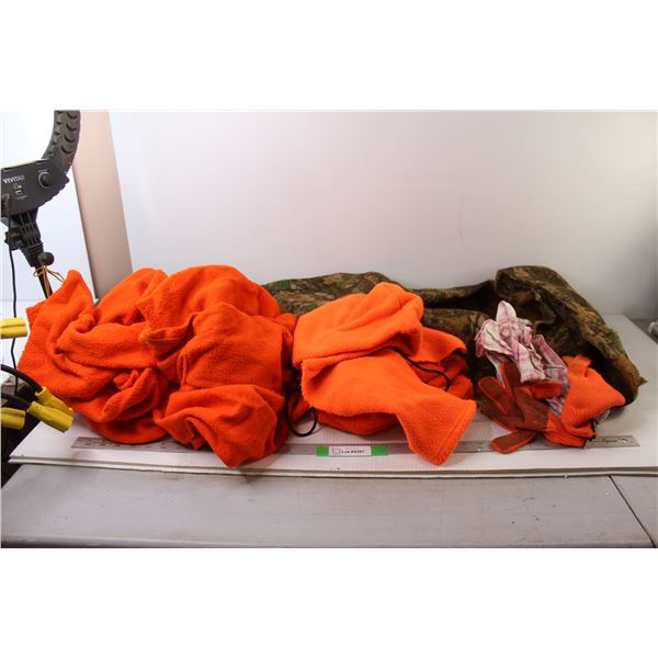 Camo Burlap, Neon Orange Fabric Jacket Hood and Gloves