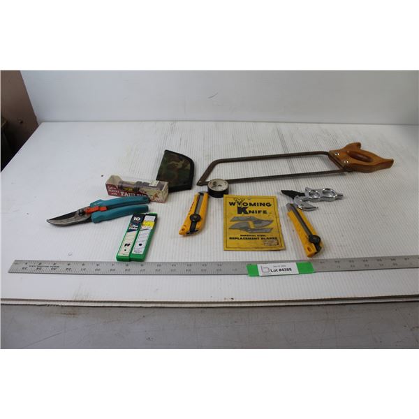 Skinning Tool, (2) Box Cutter Knives, Hand Saw, Duck Call,