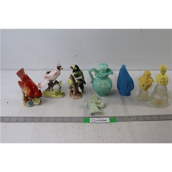 (3) Ceramic Bird Decorations, (4) Cologne/Liquid Bottles