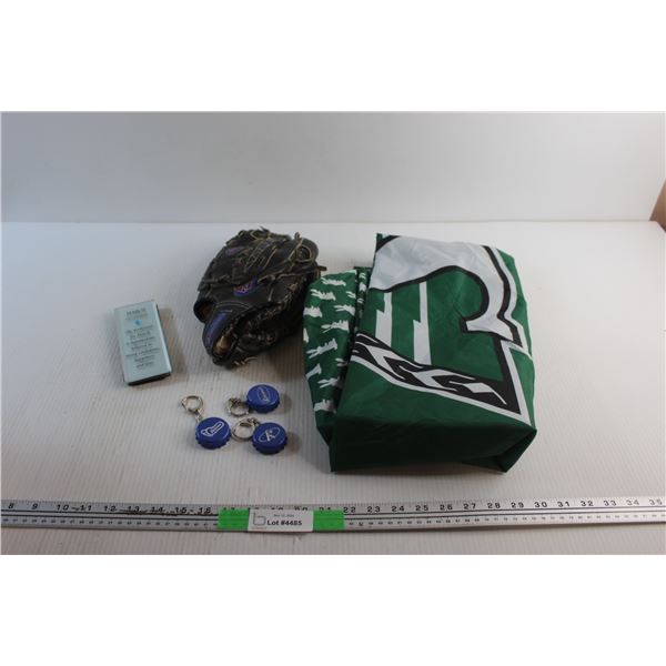 Venture Baseball Glove, Pilsner x Saskatchewan Roughriders Flag, (3) Kokanee Bottle Cap Key Chains a