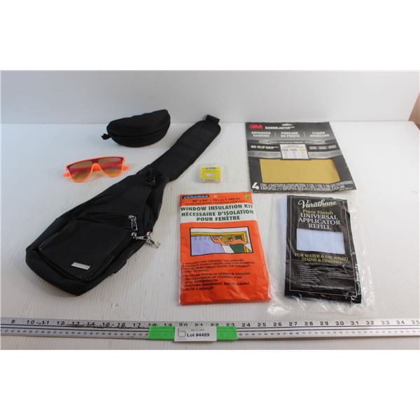 Cross Body Bag, Window Insulation Kit, 3M Sanding Sheets, Floor Finish and Sunglasses