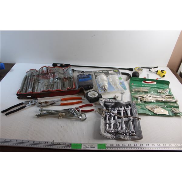 Crowbars, Tape Measure, Wrenches, Bug Sponge, Hex Wrench Set, Light Bulb and Misc.