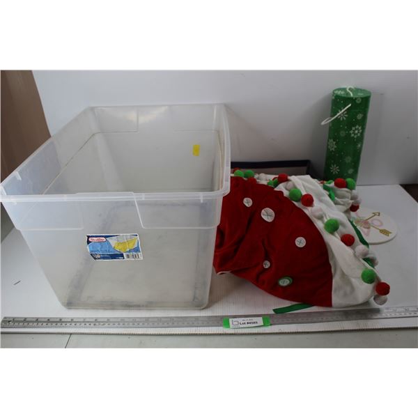 Large Sterilite Plastic Tub, Various Christmas Decorations/ Table Clothes