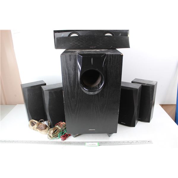 Onkyo Subwoofer w/ Sound Bar, (4) Speakers, Cords- Some Damage