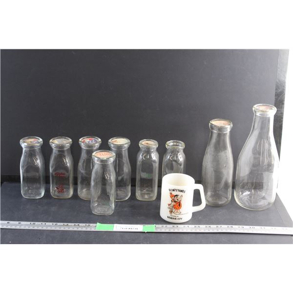 (9) Vintage Milk Glass Bottles and The Flintstones Mug