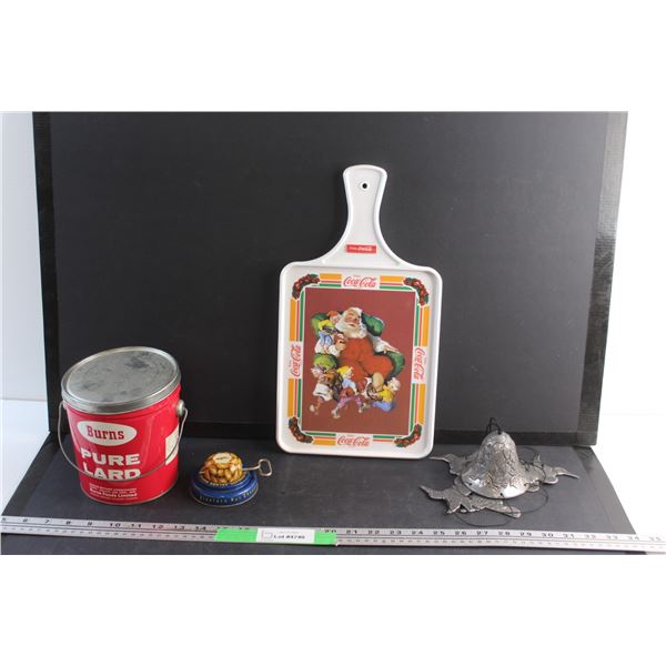 Burns Pure Lard Bucket, Planter's Nut Chopper, Coca Cola Serving Tray and a Silver Windchime