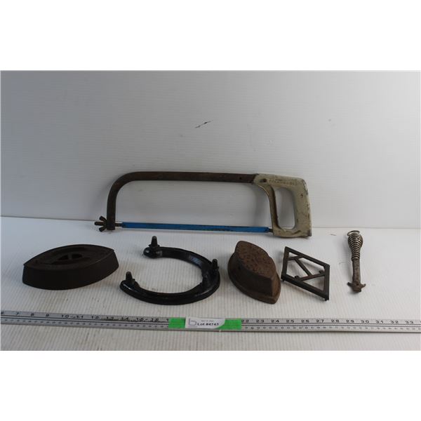 Stove Lifter, Vintage Sad Iron, Horse Shoe, Hack Saw and a Trivet