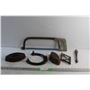 Image 1 : Stove Lifter, Vintage Sad Iron, Horse Shoe, Hack Saw and a Trivet