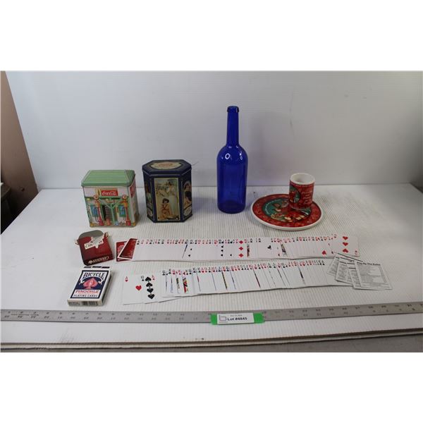 (2) Coca Cola Tins, Glass Bottle, Coca Cola Santa Cookies and Milk Plate, (2) Decks of Cards - As Is