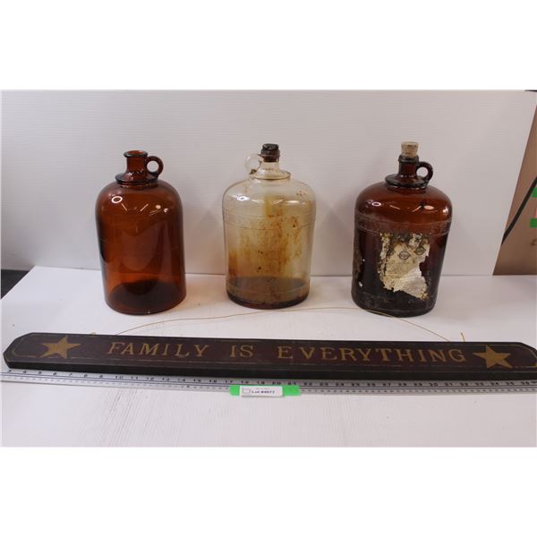 (2) Brown Jugs (1) Clear Glass Jug, Family is Everything Wood Sign - 36" Long