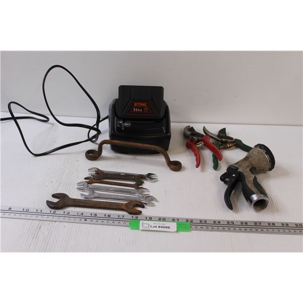 STIHL Battery & Charger - Powers On, as is, (2) Trimmers, Water Nozzle, Various Wrenches