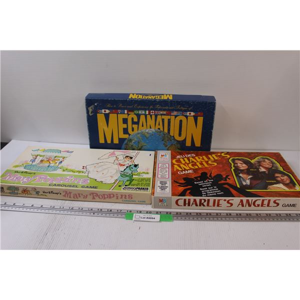(3) Board Games: Mary Poppins, Charlies Angels, Meganation - as is