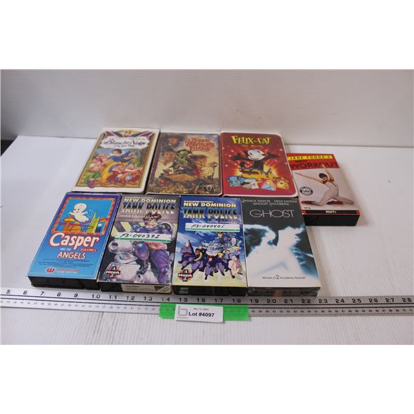 (8) VHS: Jane Fonda, Ghost, French Snow White, Muppet Treasure Island, Casper, Tank Police, Misc.