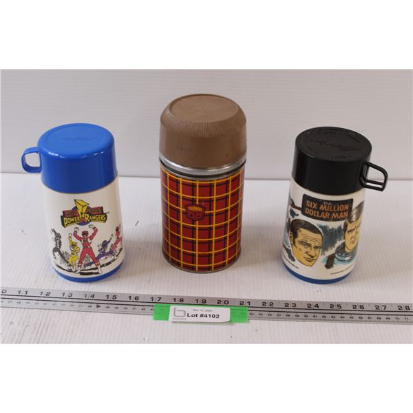 (3) Retro Thermos: Plaid, Power Rangers, Six Million Dollar Man