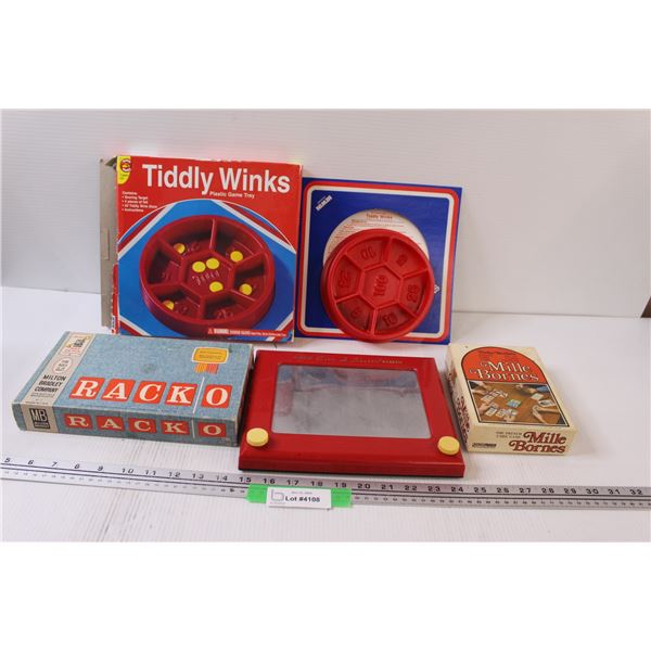 (3) Board Games: Racko, Mille Bornes, Tiddly Winks, Etch-a-Sketch - As is