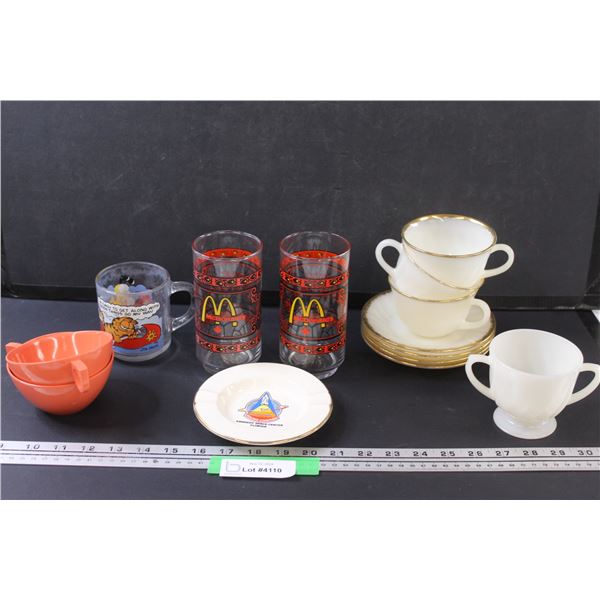 (2) McDonalds Glasses, Garfield Glass, (2) Aztec Melamine Cups, Fire King Teacup Set, Fire King Suga