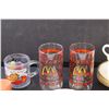 Image 2 : (2) McDonalds Glasses, Garfield Glass, (2) Aztec Melamine Cups, Fire King Teacup Set, Fire King Suga