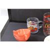 Image 3 : (2) McDonalds Glasses, Garfield Glass, (2) Aztec Melamine Cups, Fire King Teacup Set, Fire King Suga
