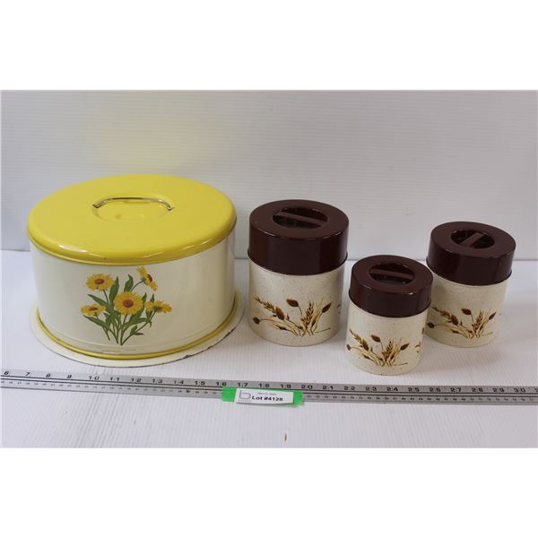 Sunflower Cake Tin/Carrier, (3) Wheat Kitchen Canister Set - Some Wear