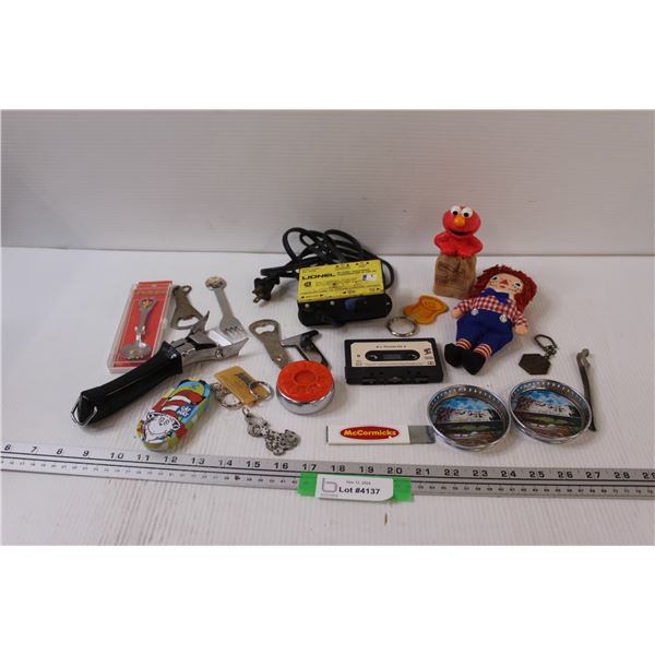 Lionel Train Transformer - as is, Raggedy Ann, Elmo, Bottle Openers, Keychains, Misc.