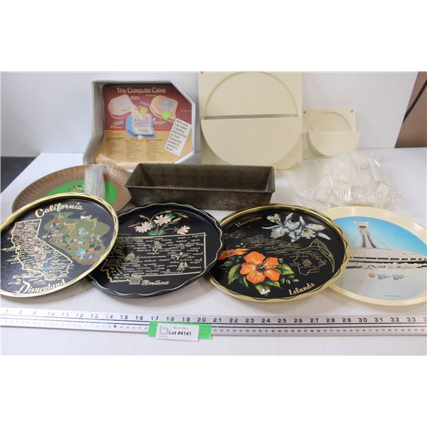 (4) Serving Metal Trays, Circle Organizers, Computer Cake Pan, Misc.