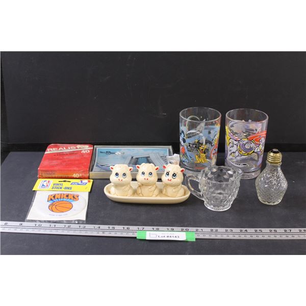 Hippo Salt & Pepper Shaker & Toothpick Set on Tray, (2) Disney Glasses, Knicks Vinyl Stick on, Misc.