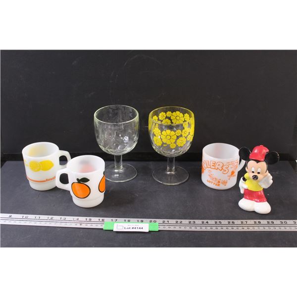 (2) Antique Bartlett Collins Goblets, (3) Vintage Mugs, Mickey Mouse Figurine