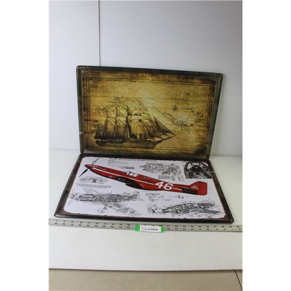 (2) Metal Wall Art (Sailboat, P51 Mustang) 2' x 15.5"