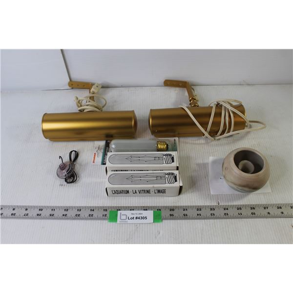 (2) Mountable Study Lights (Both Work), (3) Tubular Light Bulbs, Alexandria Ceramic Candle Holder, M