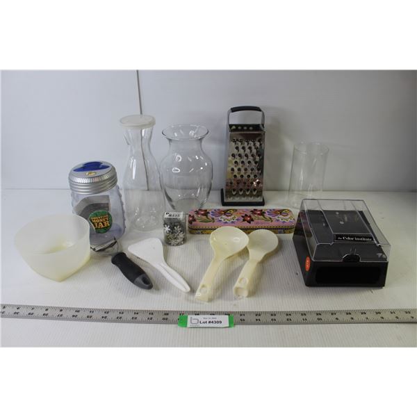 Cheese Grater, Vases, Brighton Tin, Snowflake Decorations, Money Jar, Kitchen Implements, Misc.