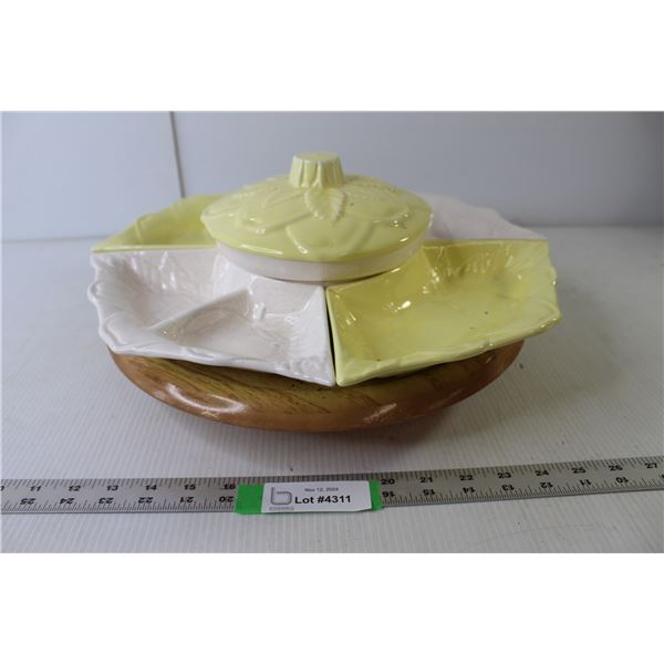 Ceramic 6-piece Serving Platter With Wood Turntable