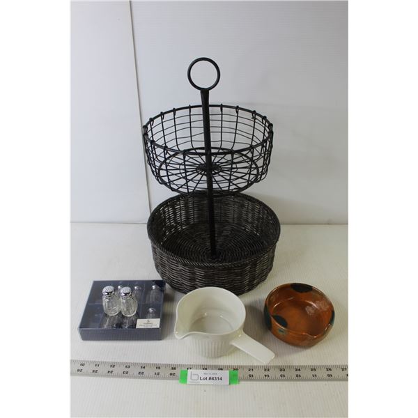 2-Tier Fruit Basket - Wicker/Metal 17" Tall, 8-Pack Godinger Chrome Plated Salt n' Pepper Shakers, G